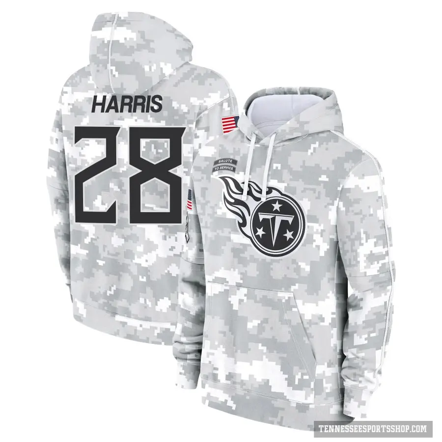 Men's ＃28 Jermari Harris Tennessee Titans Arctic Camo 2024 Salute to Service Club Fleece Pullover Hoodie