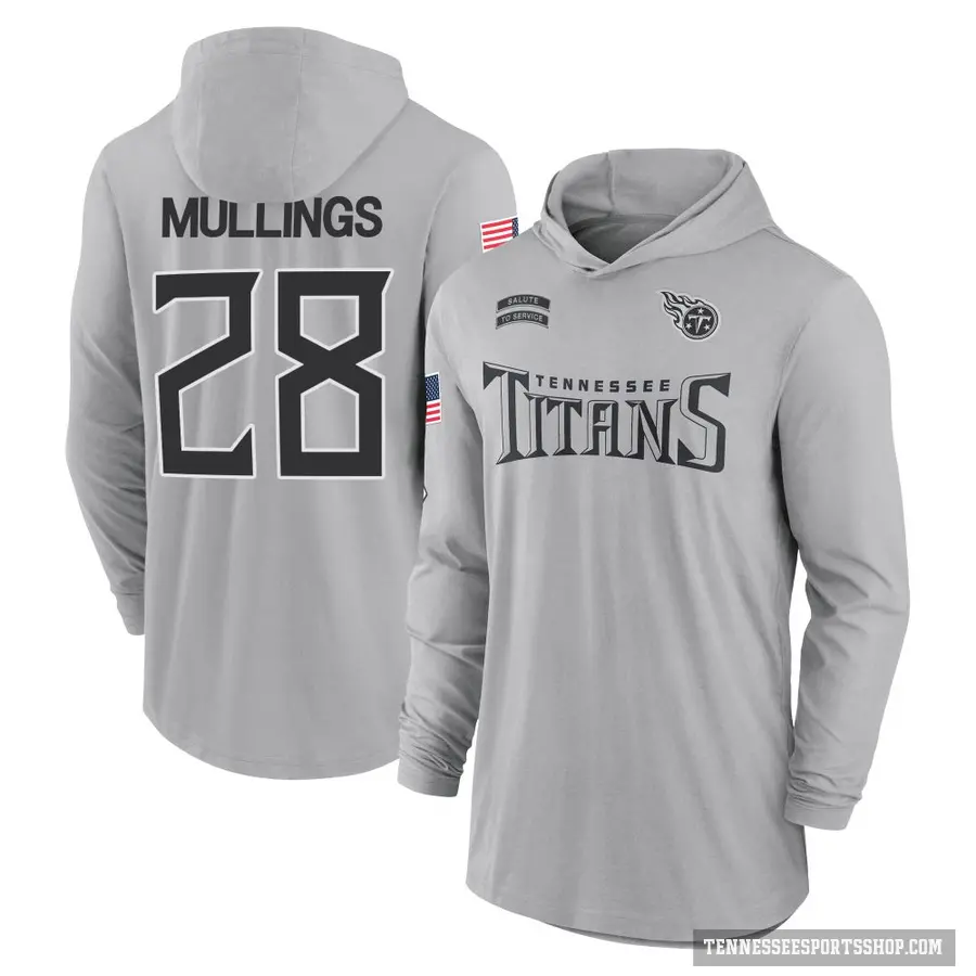 Men's ＃28 Kalel Mullings Tennessee Titans Gray 2024 Salute to Service Lightweight Performance Long Sleeve Hooded T-Shirt