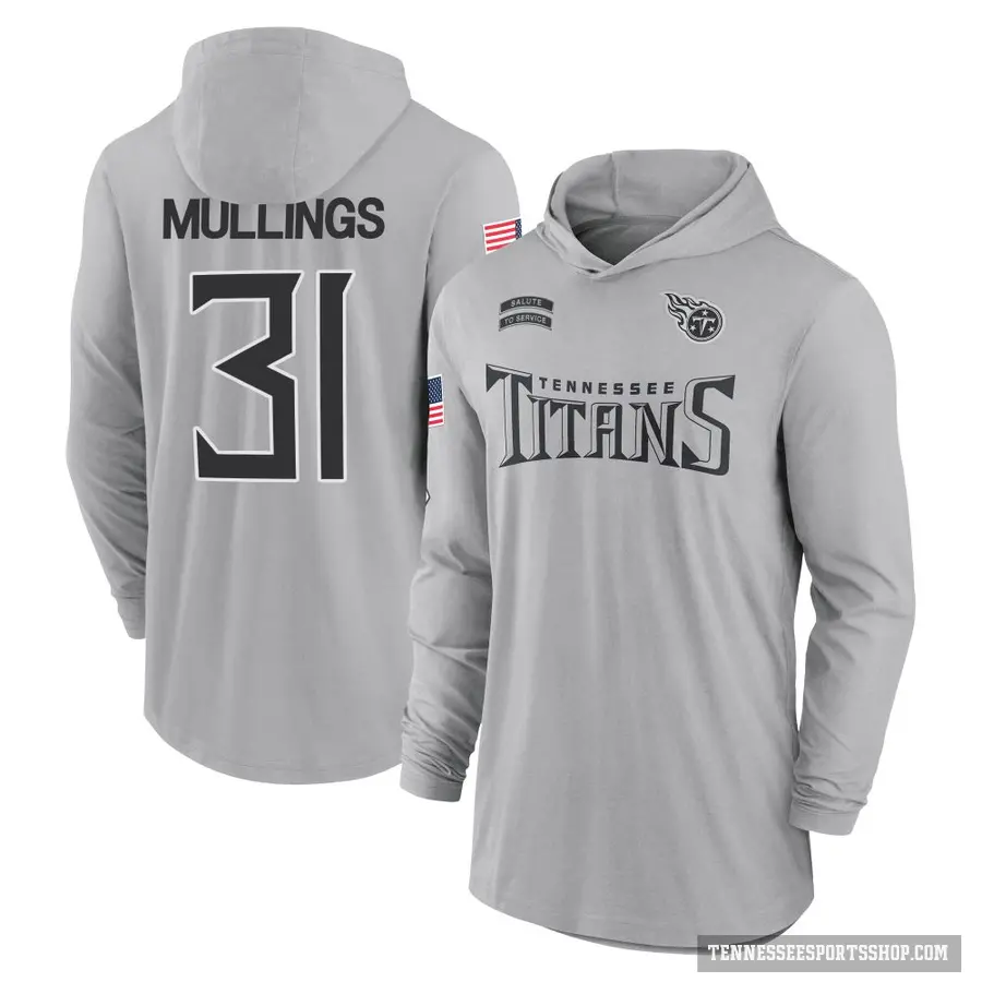 Men's ＃31 Kalel Mullings Tennessee Titans Gray 2024 Salute to Service Lightweight Performance Long Sleeve Hooded T-Shirt