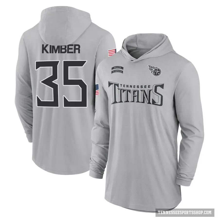 Men's ＃35 Jalen Kimber Tennessee Titans Gray 2024 Salute to Service Lightweight Performance Long Sleeve Hooded T-Shirt