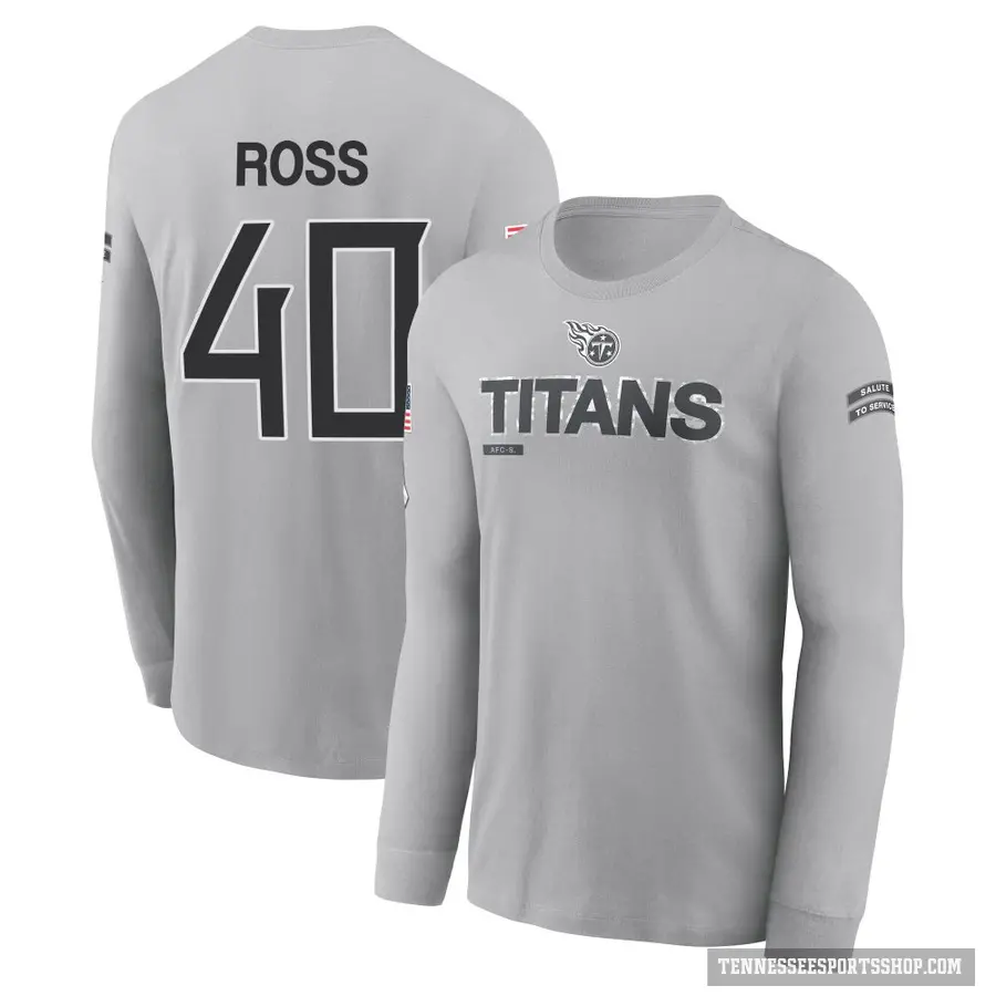 Men's ＃40 Davion Ross Tennessee Titans Gray 2024 Salute to Service Long Sleeve T-Shirt