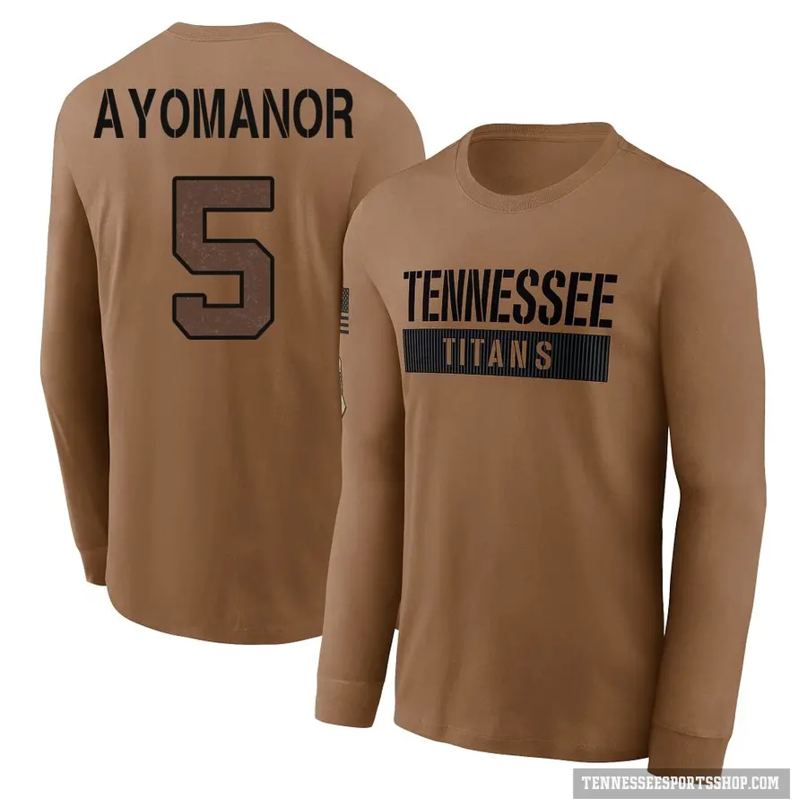 Men's ＃5 Elic Ayomanor Tennessee Titans Brown 2023 Salute To Service Long Sleeve T-Shirt
