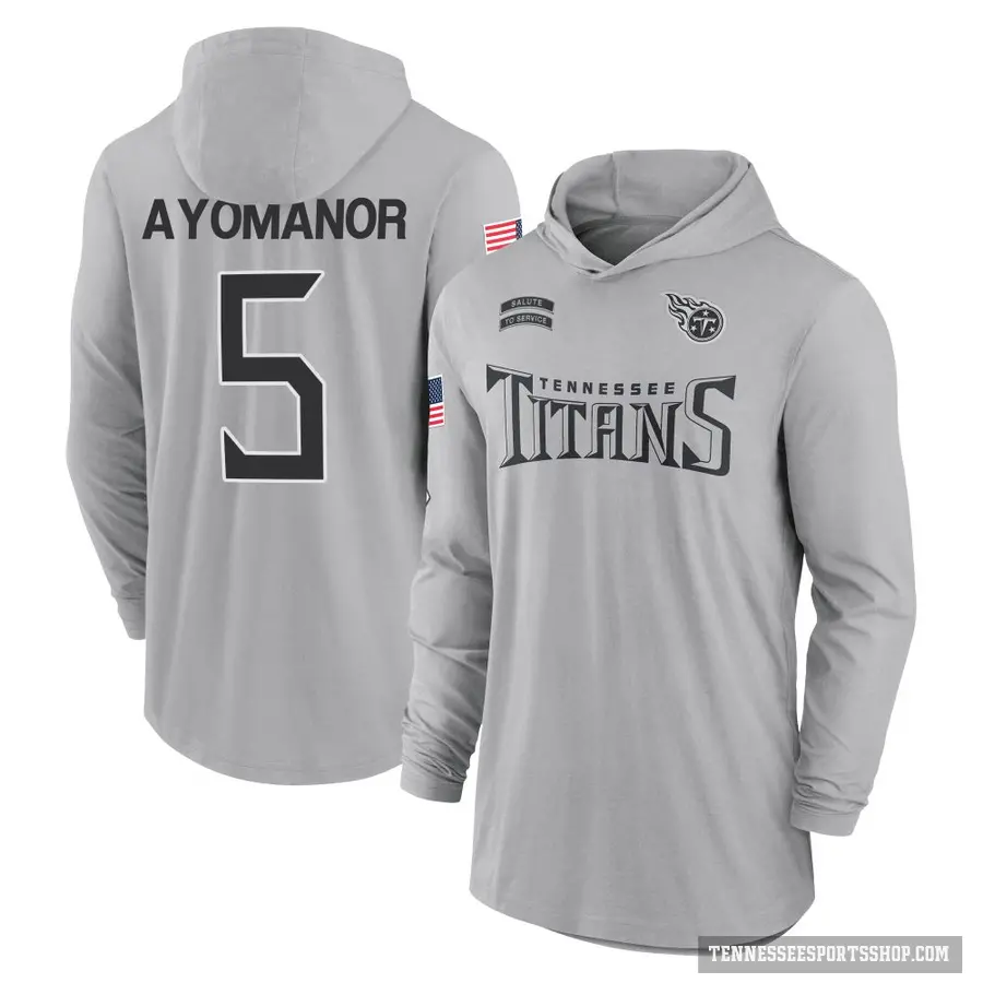 Men's ＃5 Elic Ayomanor Tennessee Titans Gray 2024 Salute to Service Lightweight Performance Long Sleeve Hooded T-Shirt