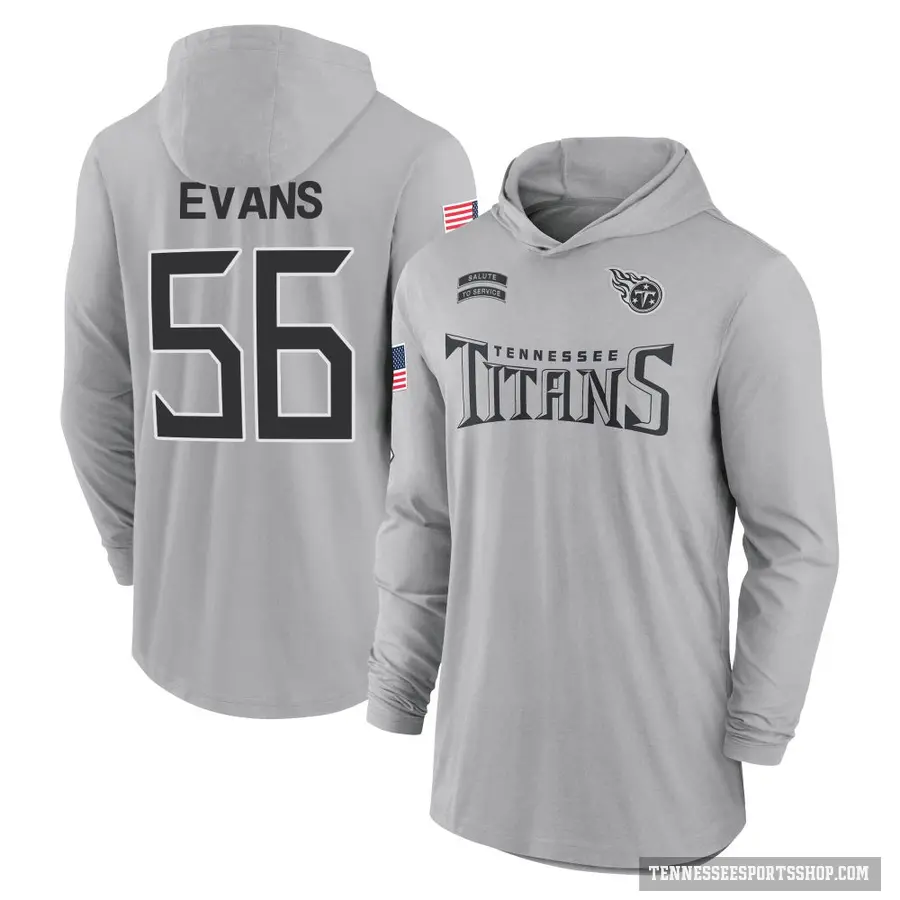 Men's ＃56 Desmond Evans Tennessee Titans Gray 2024 Salute to Service Lightweight Performance Long Sleeve Hooded T-Shirt