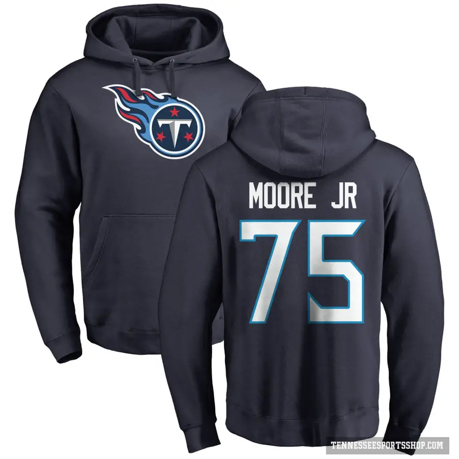 Men's ＃75 Dan Moore Jr. Tennessee Titans Navy Pro Line Logo Pullover Hoodie