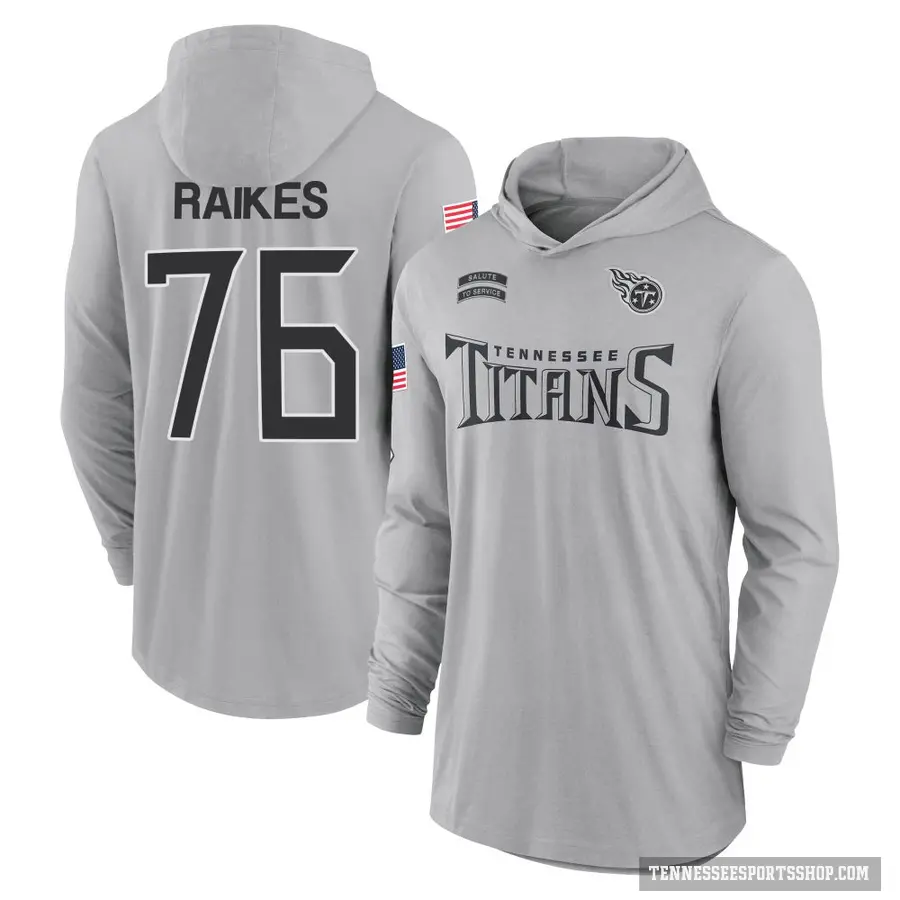 Men's ＃76 Isaiah Raikes Tennessee Titans Gray 2024 Salute to Service Lightweight Performance Long Sleeve Hooded T-Shirt