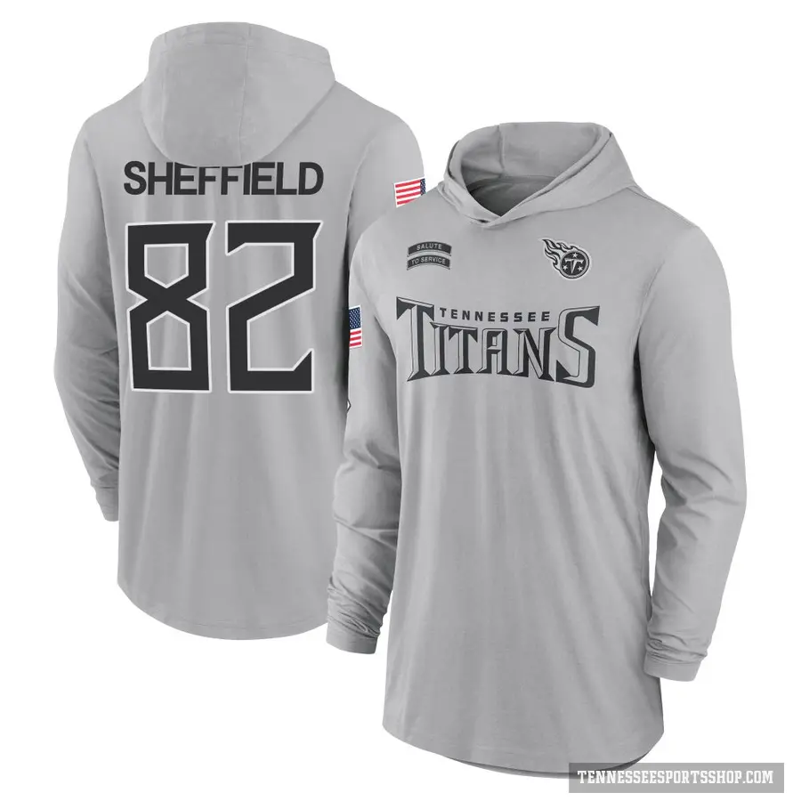 Men's ＃82 TJ Sheffield Tennessee Titans Gray 2024 Salute to Service Lightweight Performance Long Sleeve Hooded T-Shirt