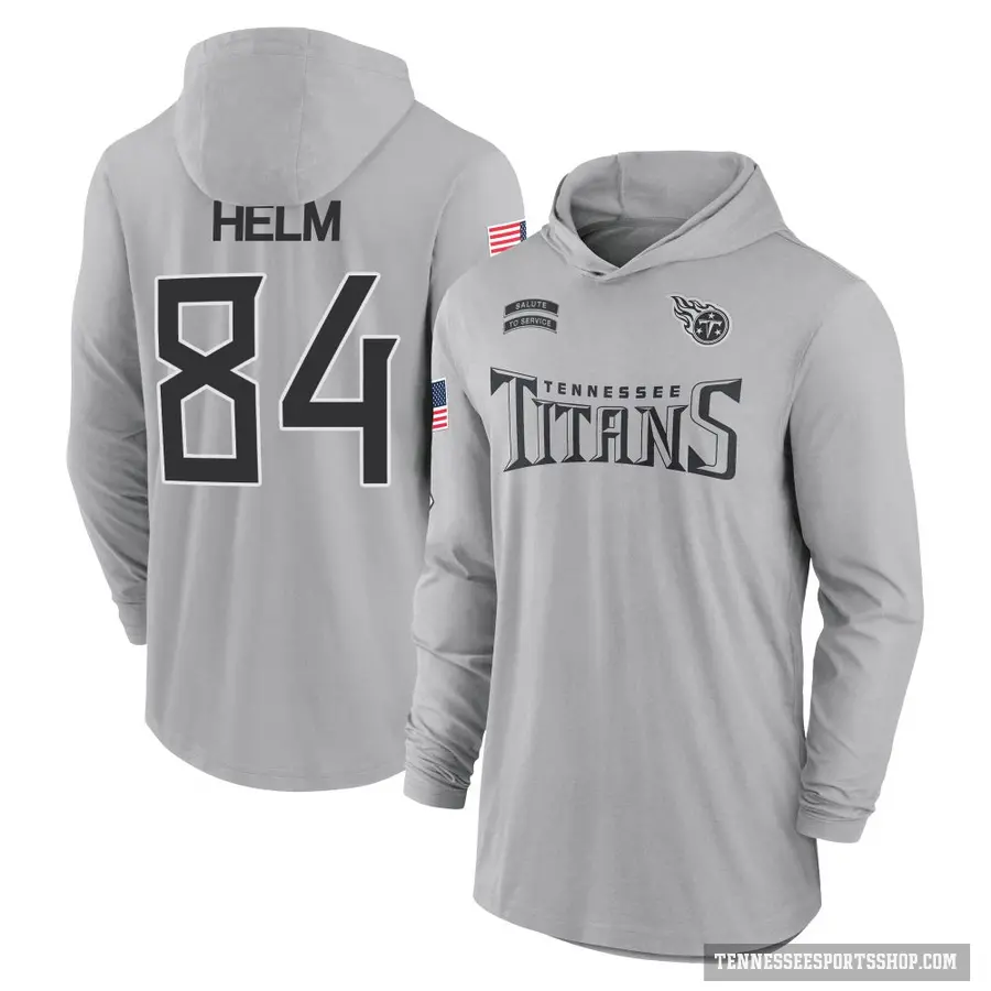 Men's ＃84 Gunnar Helm Tennessee Titans Gray 2024 Salute to Service Lightweight Performance Long Sleeve Hooded T-Shirt