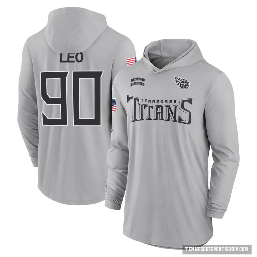 Men's ＃90 Titus Leo Tennessee Titans Gray 2024 Salute to Service Lightweight Performance Long Sleeve Hooded T-Shirt