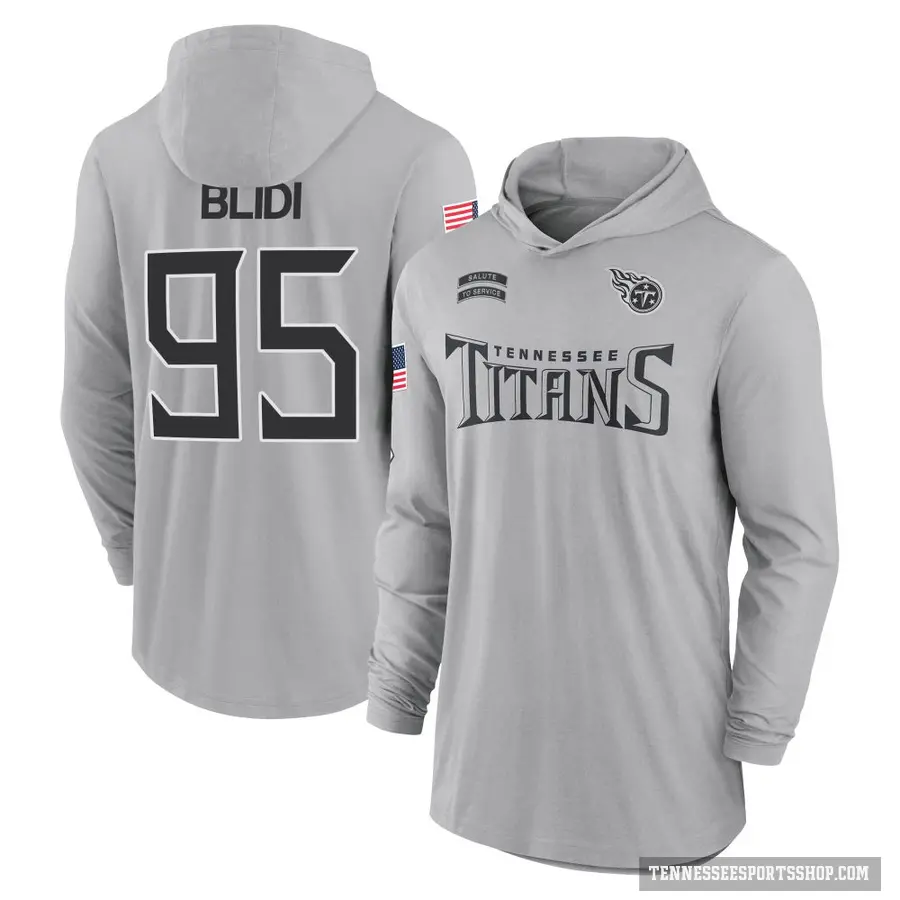 Men's ＃95 Philip Blidi Tennessee Titans Gray 2024 Salute to Service Lightweight Performance Long Sleeve Hooded T-Shirt