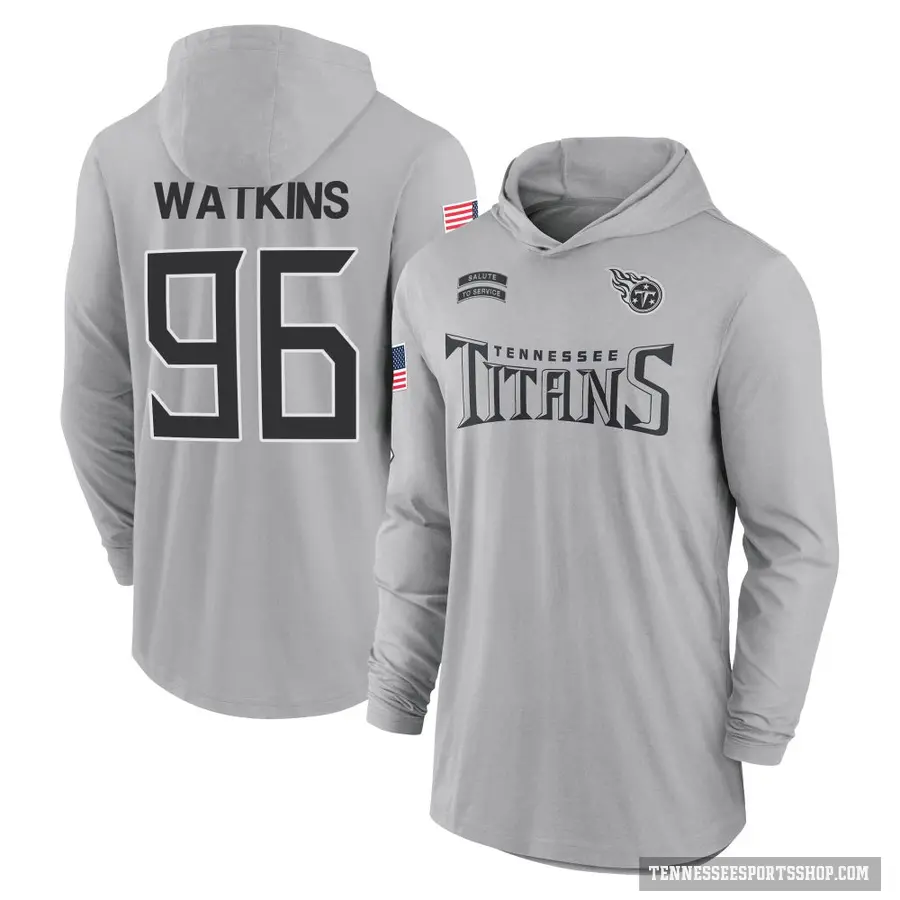 Men's ＃96 Carlos Watkins Tennessee Titans Gray 2024 Salute to Service Lightweight Performance Long Sleeve Hooded T-Shirt