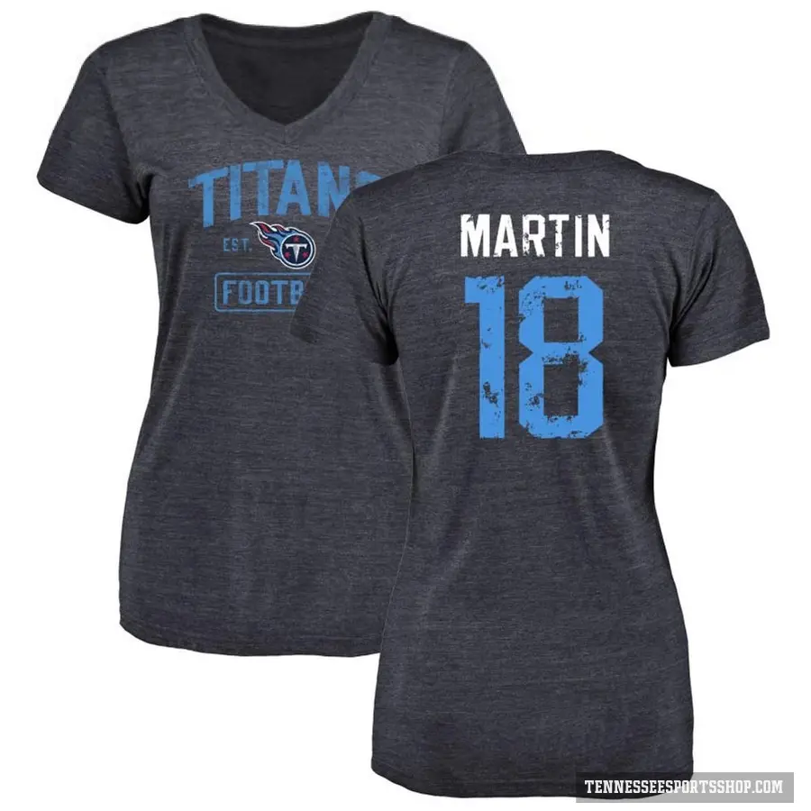 Women's ＃18 Tay Martin Tennessee Titans Navy Distressed V-Neck T-Shirt