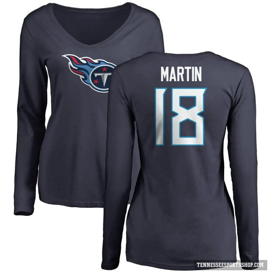 Women's ＃18 Tay Martin Tennessee Titans Navy Logo Slim Fit Long Sleeve T-Shirt