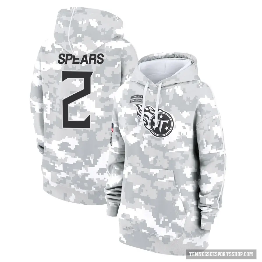 Women's ＃2 Tyjae Spears Tennessee Titans Arctic Camo 2024 Salute to Service Club Fleece Pullover Hoodie