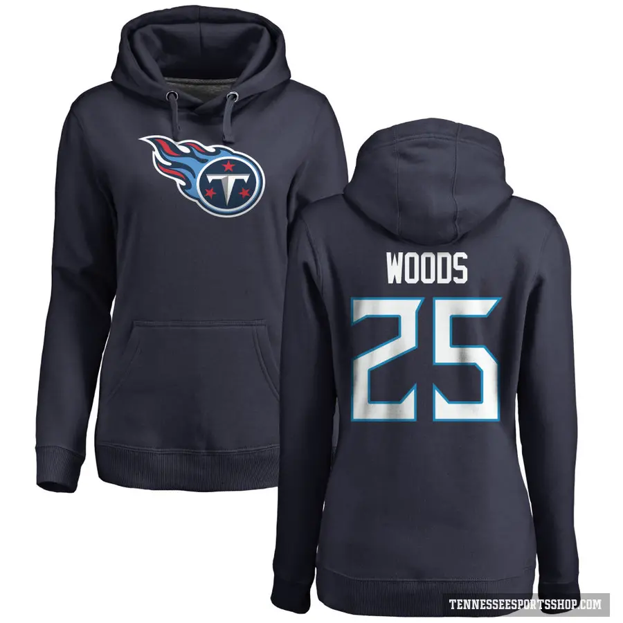Women's ＃25 Xavier Woods Tennessee Titans Navy Pro Line Logo Pullover Hoodie