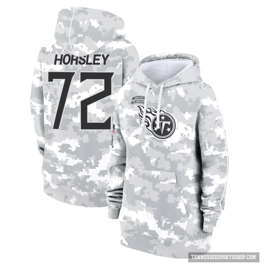 Women's ＃72 Cam Horsley Tennessee Titans Arctic Camo 2024 Salute to Service Club Fleece Pullover Hoodie