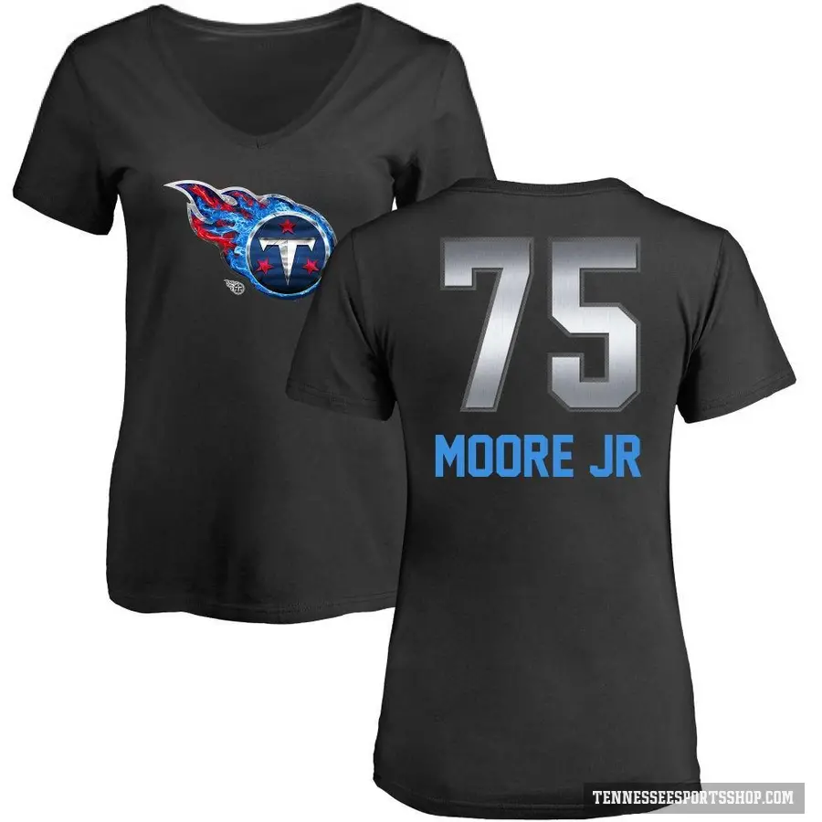 Women's ＃75 Dan Moore Jr. Tennessee Titans Black Midnight Mascot T-Shirt
