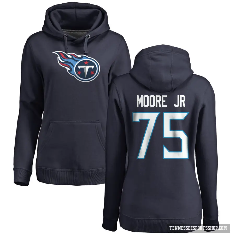 Women's ＃75 Dan Moore Jr. Tennessee Titans Navy Pro Line Logo Pullover Hoodie