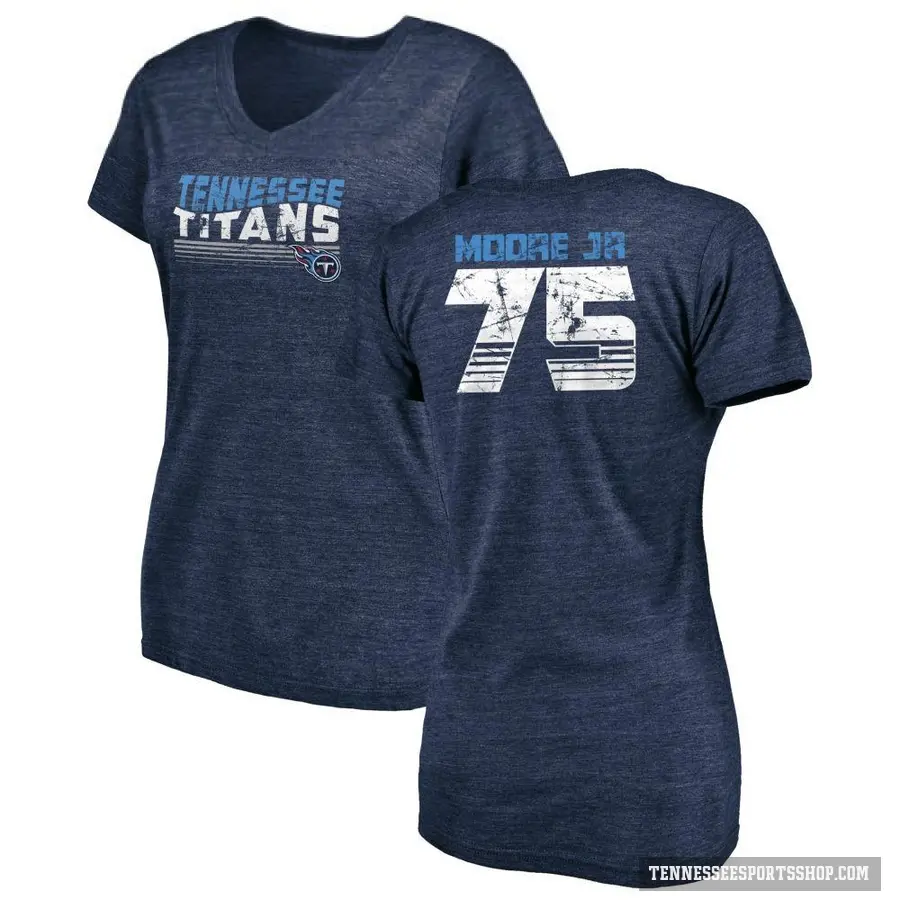 Women's ＃75 Dan Moore Jr. Tennessee Titans Navy Retro V-Neck T-Shirt