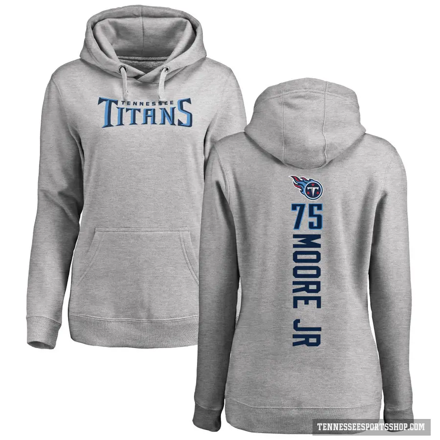 Women's ＃75 Dan Moore Jr. Tennessee Titans Pro Line Ash Backer Pullover Hoodie