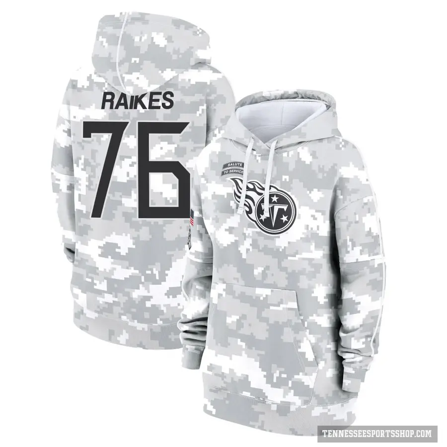 Women's ＃76 Isaiah Raikes Tennessee Titans Arctic Camo 2024 Salute to Service Club Fleece Pullover Hoodie