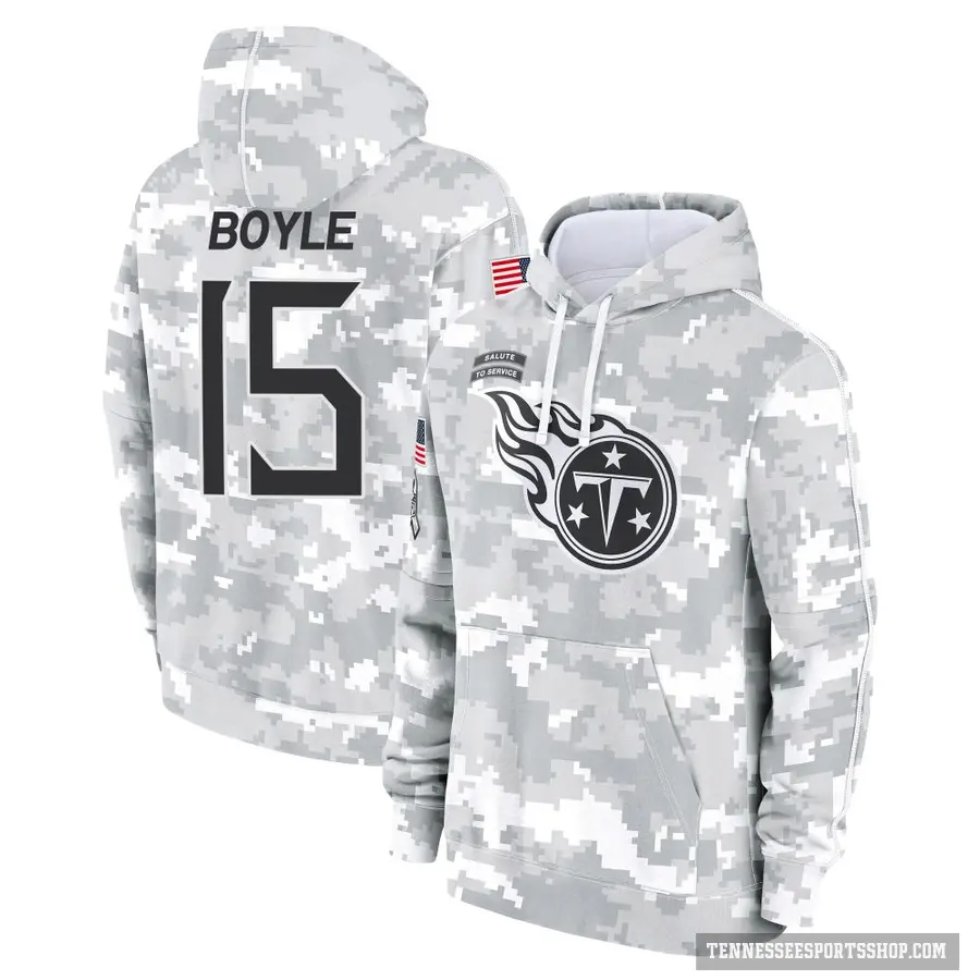 Youth ＃15 Tim Boyle Tennessee Titans Arctic Camo 2024 Salute to Service Club Fleece Pullover Hoodie