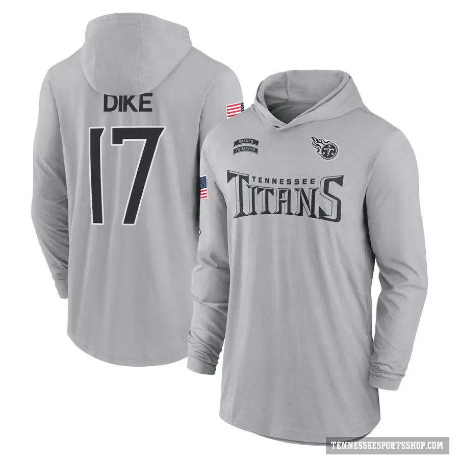 Youth ＃17 Chimere Dike Tennessee Titans Gray 2024 Salute to Service Lightweight Performance Long Sleeve Hooded T-Shirt