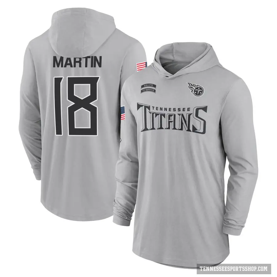 Youth ＃18 Tay Martin Tennessee Titans Gray 2024 Salute to Service Lightweight Performance Long Sleeve Hooded T-Shirt