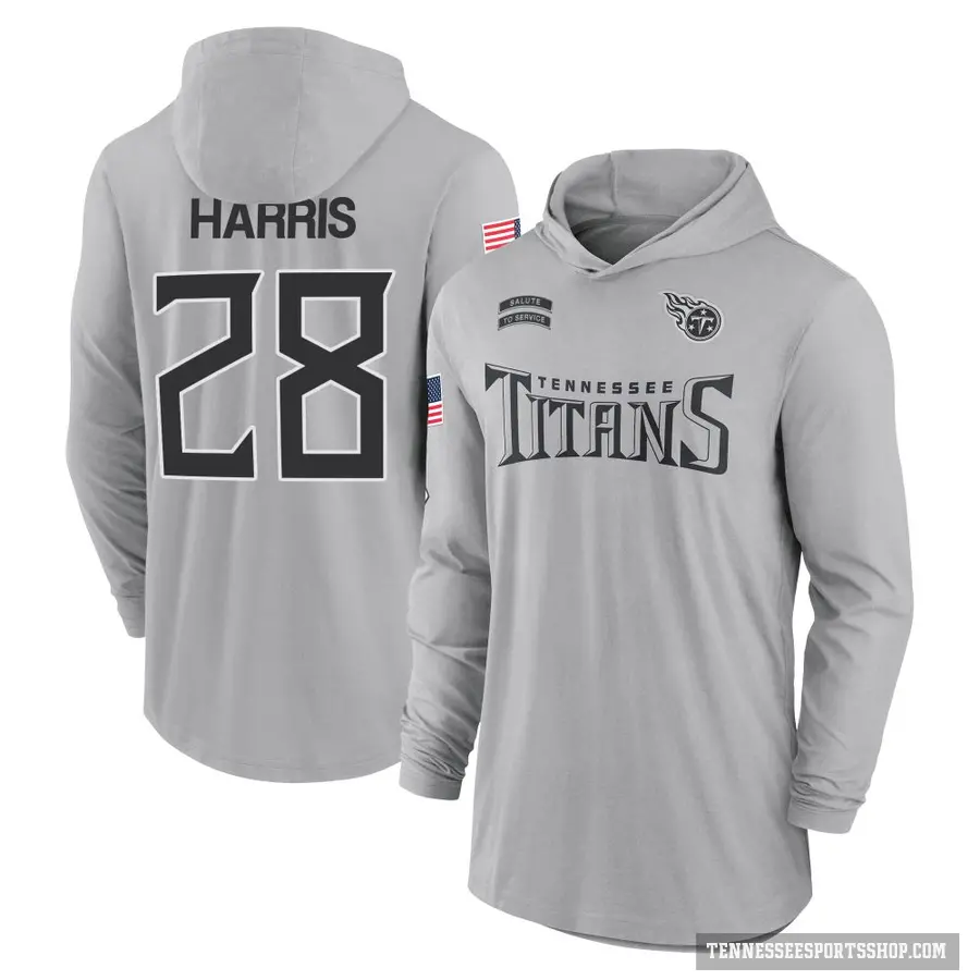 Youth ＃28 Jermari Harris Tennessee Titans Gray 2024 Salute to Service Lightweight Performance Long Sleeve Hooded T-Shirt