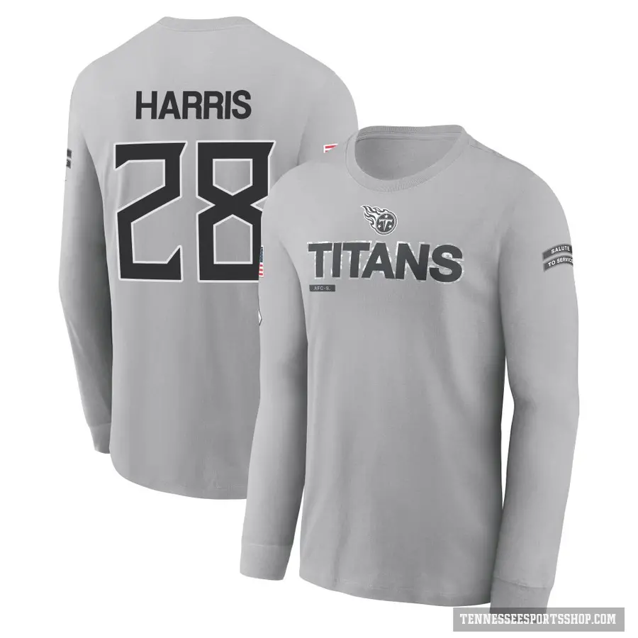 Youth ＃28 Jermari Harris Tennessee Titans Gray 2024 Salute to Service Long Sleeve T-Shirt