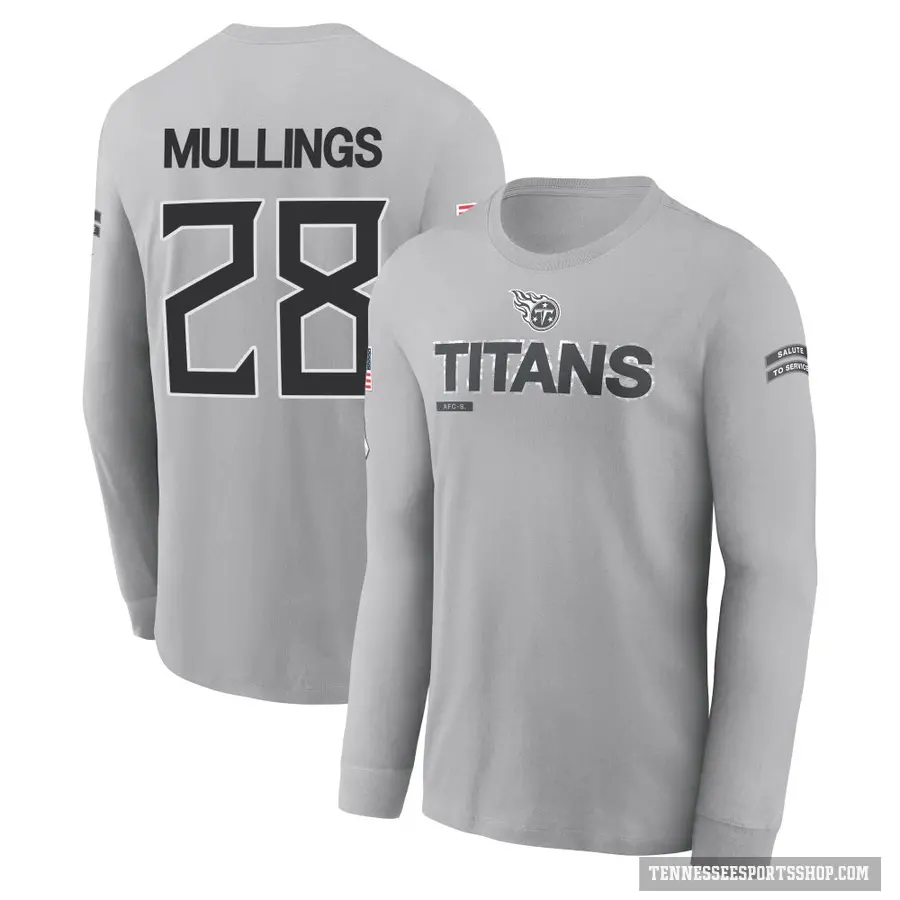 Youth ＃28 Kalel Mullings Tennessee Titans Gray 2024 Salute to Service Long Sleeve T-Shirt