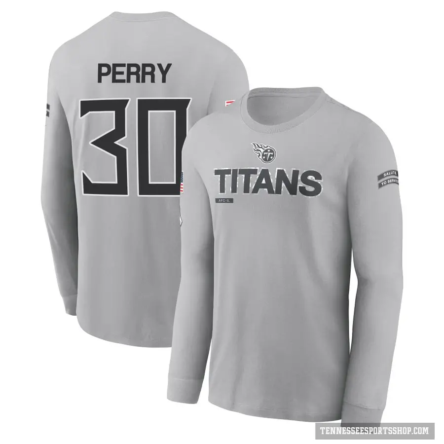 Youth ＃30 Mark Perry Tennessee Titans Gray 2024 Salute to Service Long Sleeve T-Shirt
