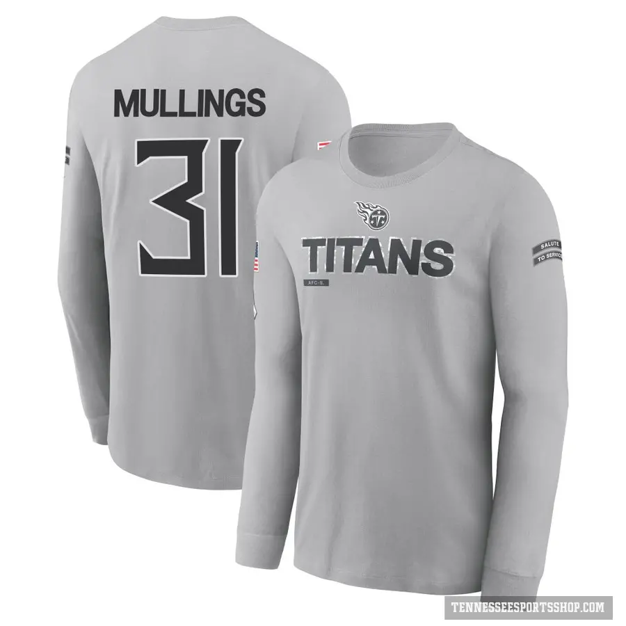 Youth ＃31 Kalel Mullings Tennessee Titans Gray 2024 Salute to Service Long Sleeve T-Shirt