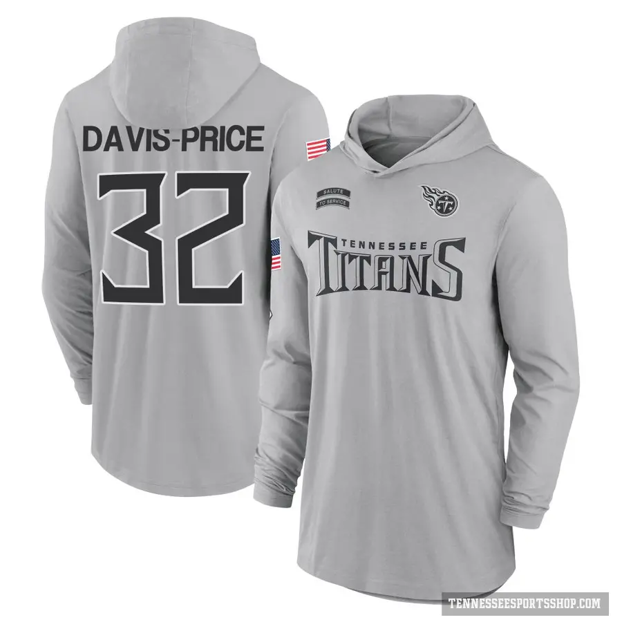 Youth ＃32 Tyrion Davis-Price Tennessee Titans Gray 2024 Salute to Service Lightweight Performance Long Sleeve Hooded T-Shirt
