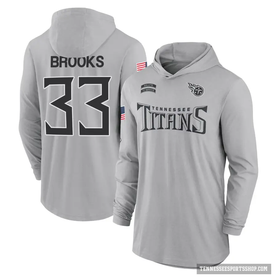 Youth ＃33 Kendell Brooks Tennessee Titans Gray 2024 Salute to Service Lightweight Performance Long Sleeve Hooded T-Shirt