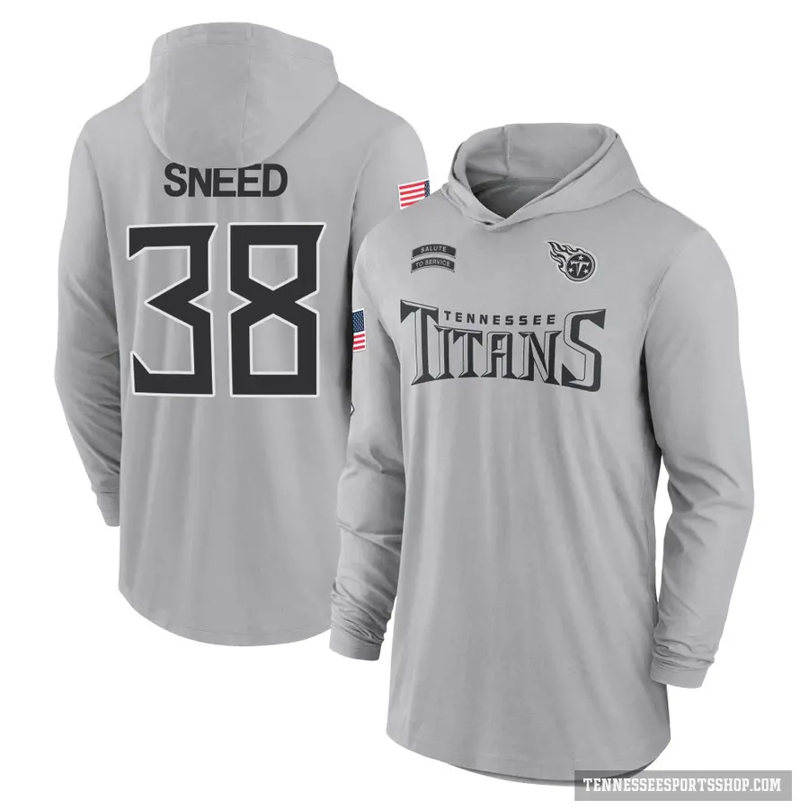 Youth ＃38 L'Jarius Sneed Tennessee Titans Gray 2024 Salute to Service Lightweight Performance Long Sleeve Hooded T-Shirt