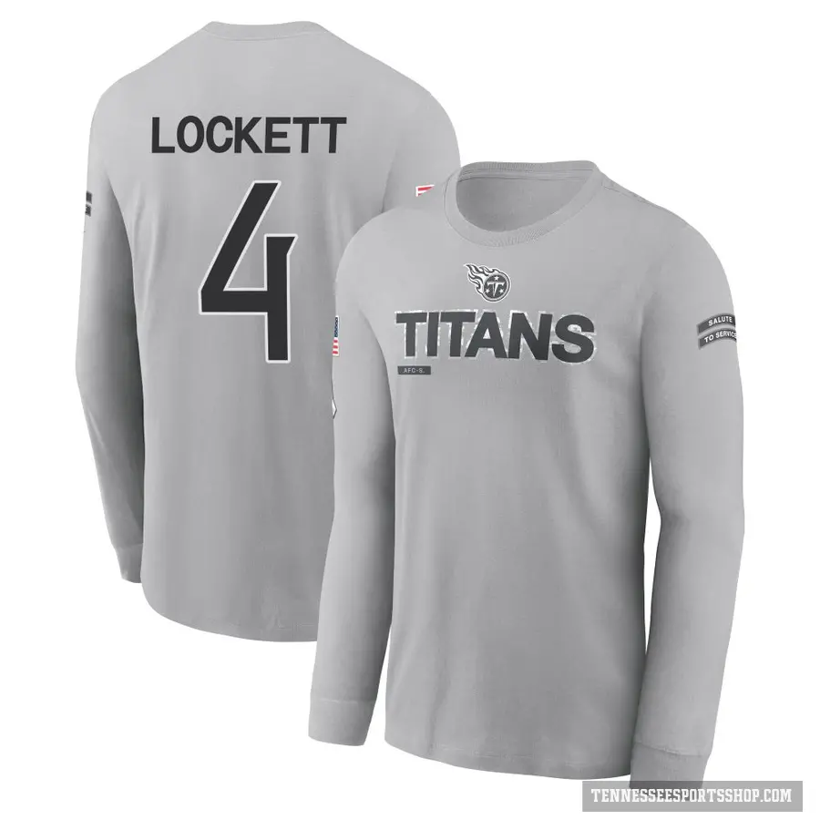 Youth ＃4 Tyler Lockett Tennessee Titans Gray 2024 Salute to Service Long Sleeve T-Shirt