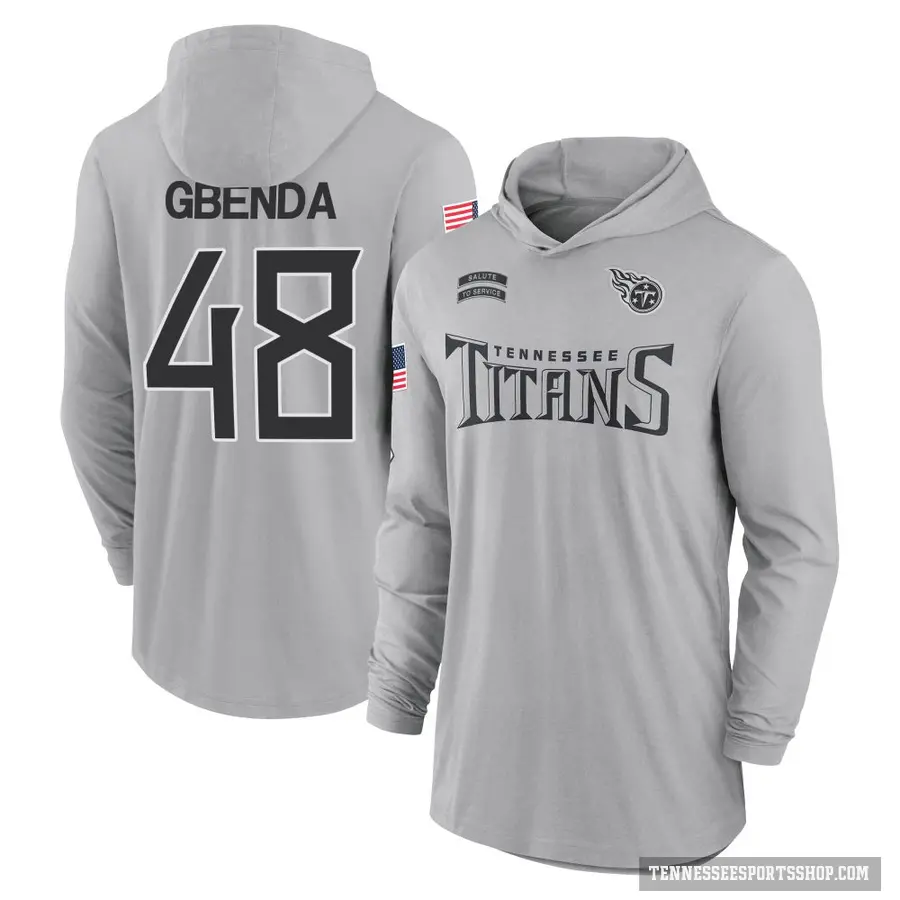 Youth ＃48 David Gbenda Tennessee Titans Gray 2024 Salute to Service Lightweight Performance Long Sleeve Hooded T-Shirt