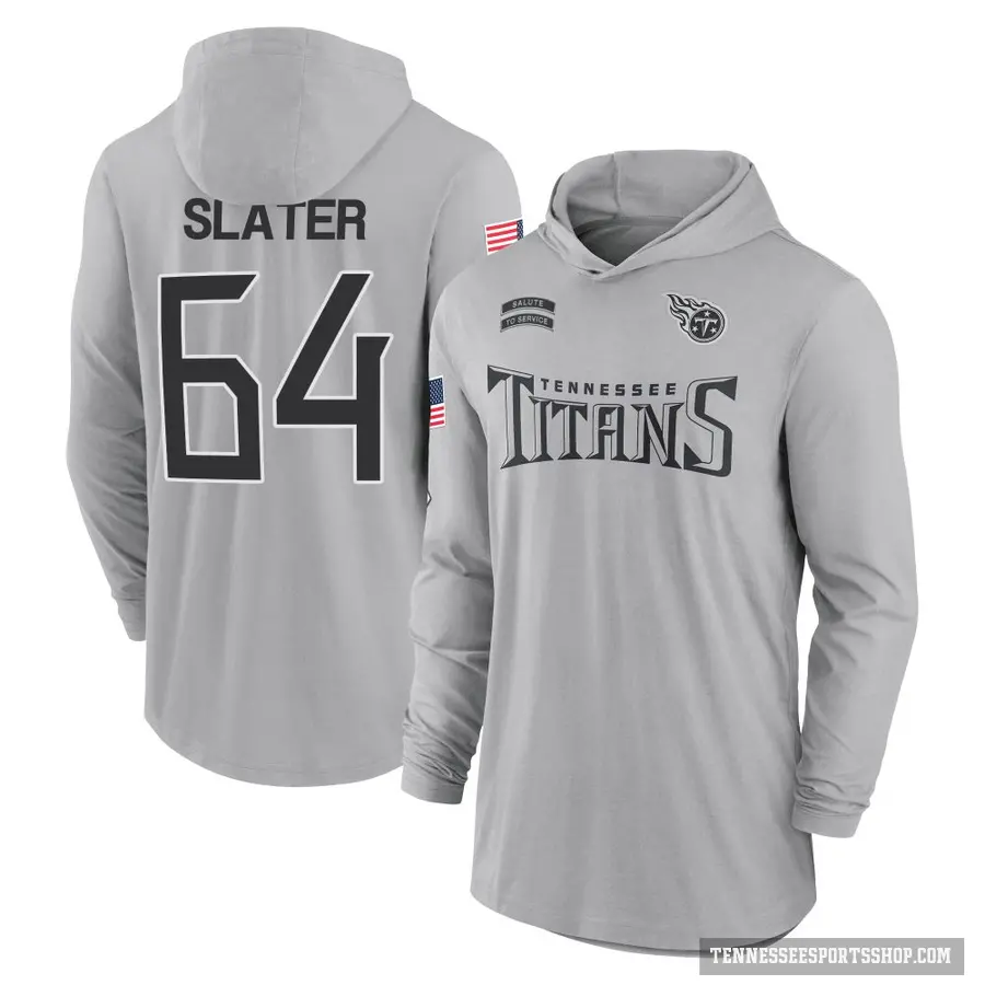 Youth ＃64 Jackson Slater Tennessee Titans Gray 2024 Salute to Service Lightweight Performance Long Sleeve Hooded T-Shirt