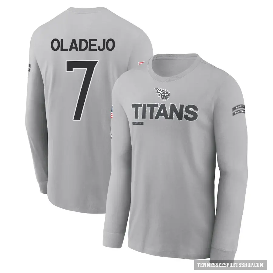 Youth ＃7 Oluwafemi Oladejo Tennessee Titans Gray 2024 Salute to Service Long Sleeve T-Shirt