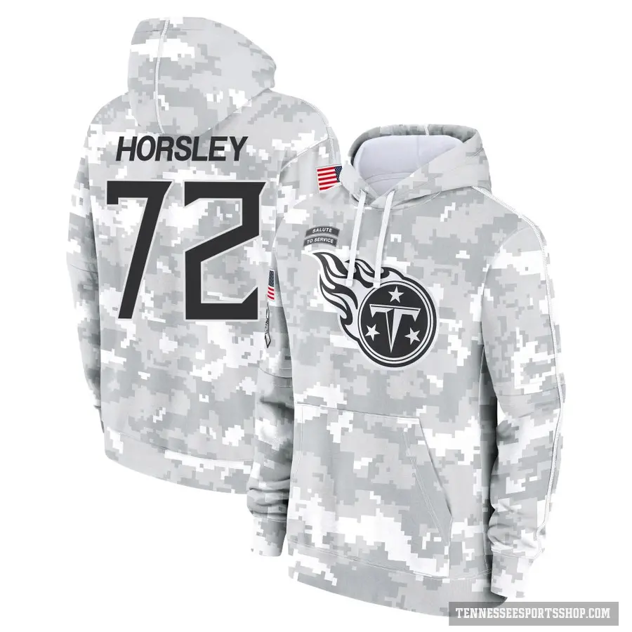 Youth ＃72 Cam Horsley Tennessee Titans Arctic Camo 2024 Salute to Service Club Fleece Pullover Hoodie