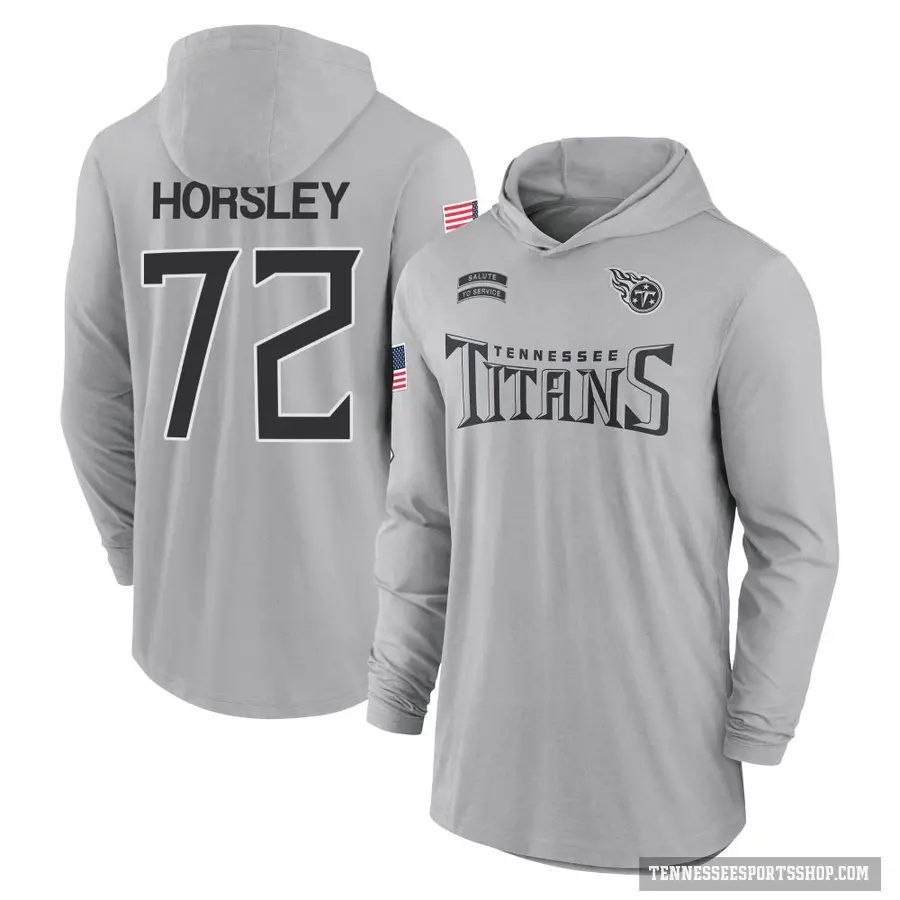 Youth ＃72 Cam Horsley Tennessee Titans Gray 2024 Salute to Service Lightweight Performance Long Sleeve Hooded T-Shirt