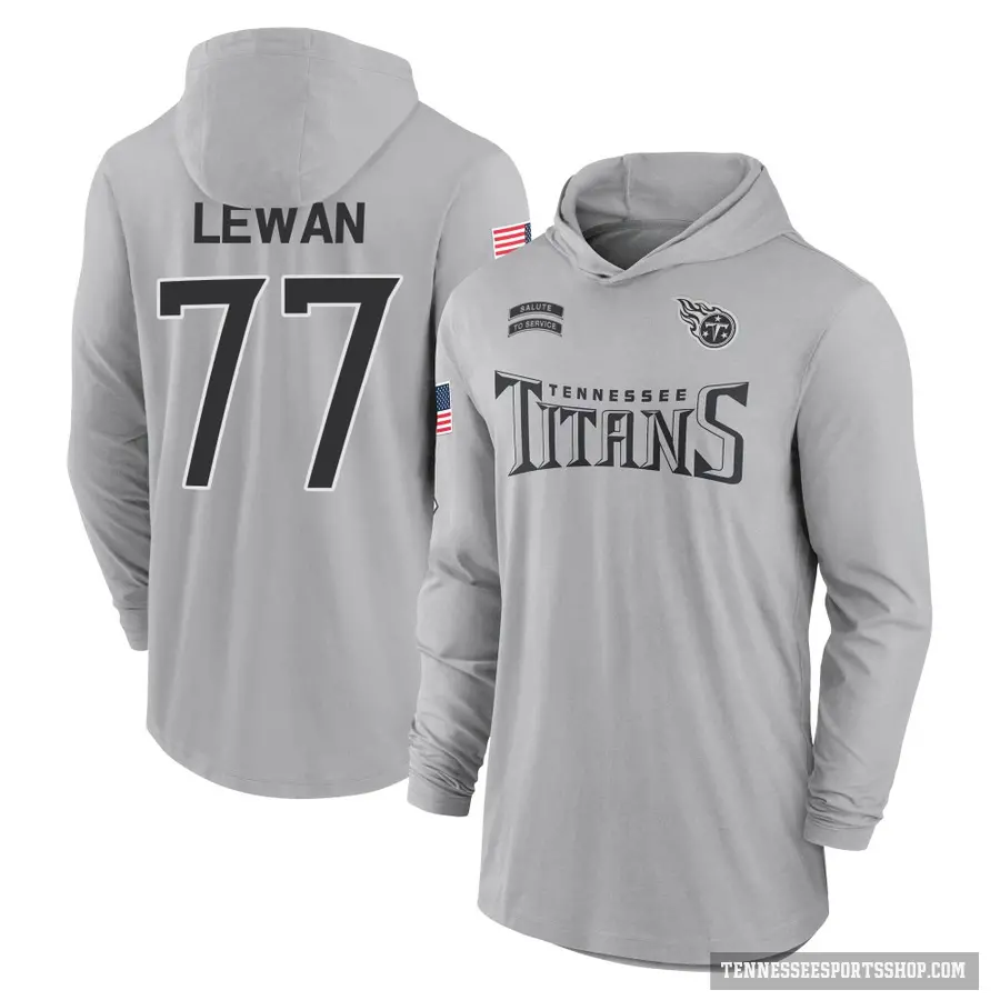 Youth ＃77 Taylor Lewan Tennessee Titans Gray 2024 Salute to Service Lightweight Performance Long Sleeve Hooded T-Shirt