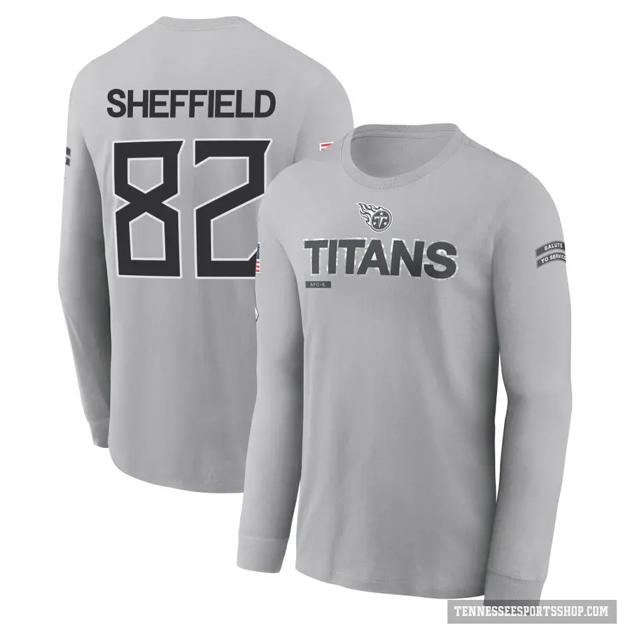 Youth ＃82 TJ Sheffield Tennessee Titans Gray 2024 Salute to Service Long Sleeve T-Shirt