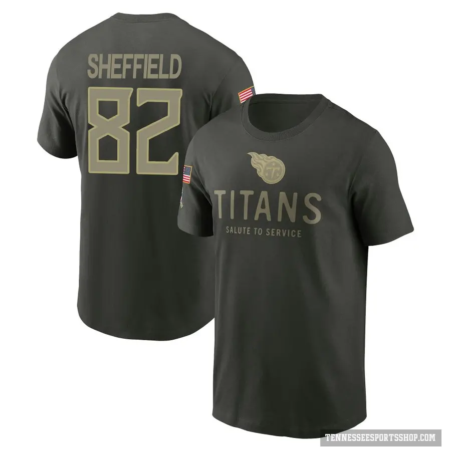 Youth ＃82 TJ Sheffield Tennessee Titans Green Forest/ 2025 Salute to Service Sideline Primary Edge T-Shirt