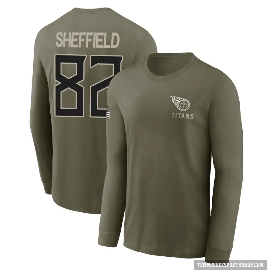 Youth ＃82 TJ Sheffield Tennessee Titans Olive 2025 Salute to Service Sideline Long Sleeve T-Shirt