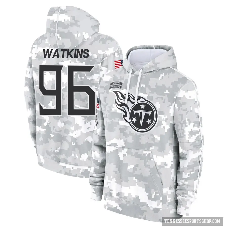 Youth ＃96 Carlos Watkins Tennessee Titans Arctic Camo 2024 Salute to Service Club Fleece Pullover Hoodie