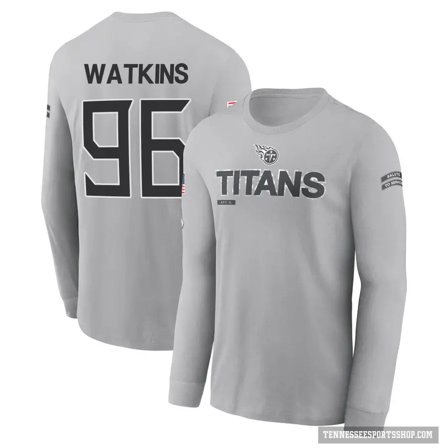 Youth ＃96 Carlos Watkins Tennessee Titans Gray 2024 Salute to Service Long Sleeve T-Shirt